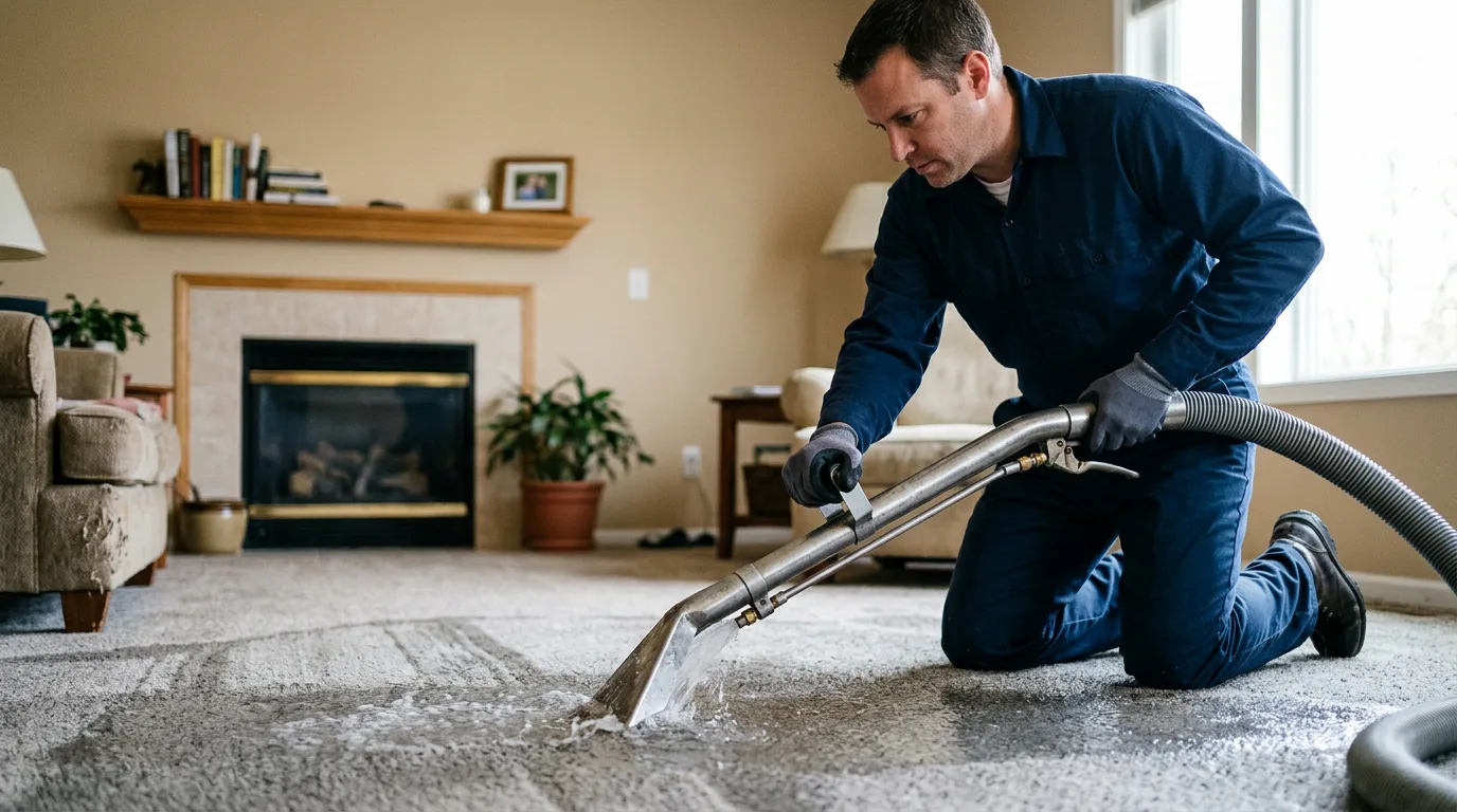 Water damage restoration technician working in a home in Vermont